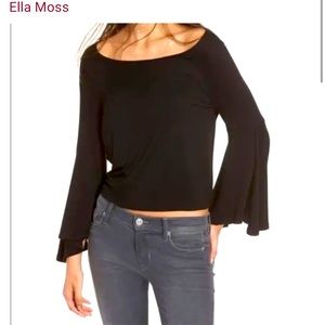 Black Ella Moss top with flowing bell sleeves hits just above waist.